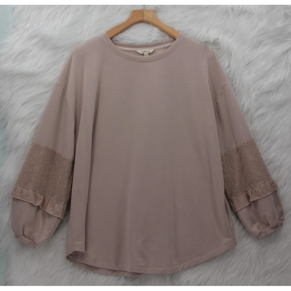 Matilda Jane Womens Blush Pink Eyelet Lace Sweatshirt Ruffle Top L Cottagecore